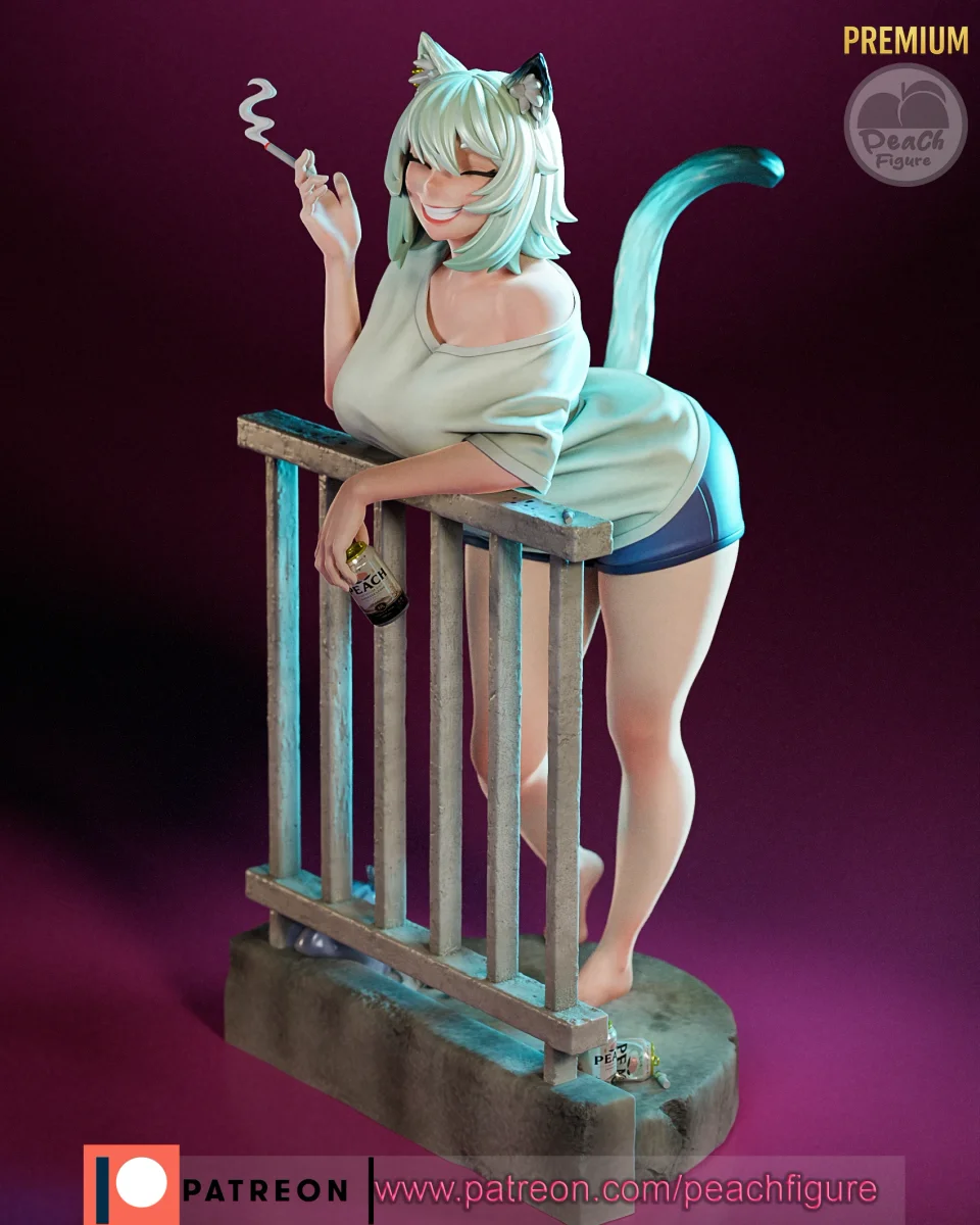 Yani Neko Chainsmokercat | Fan Art | 3D Printed Resin Model Garage Kit | *Un-Painted* | Peach Figure 3