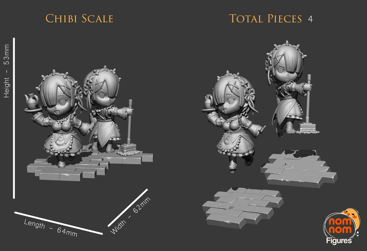 Chibi Rem & Ram | Fan Art | 3D Printed Resin Model Garage Kit | *Un-Painted* | Nomnom 3