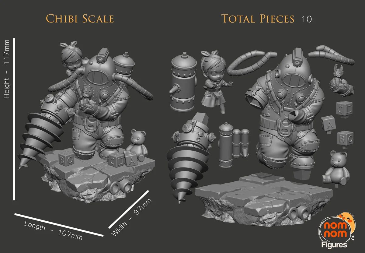 Chibi Big Daddy and Little Sister | Fan Art | 3D Printed Resin Model Garage Kit | *Un-Painted* | Nomnom 10