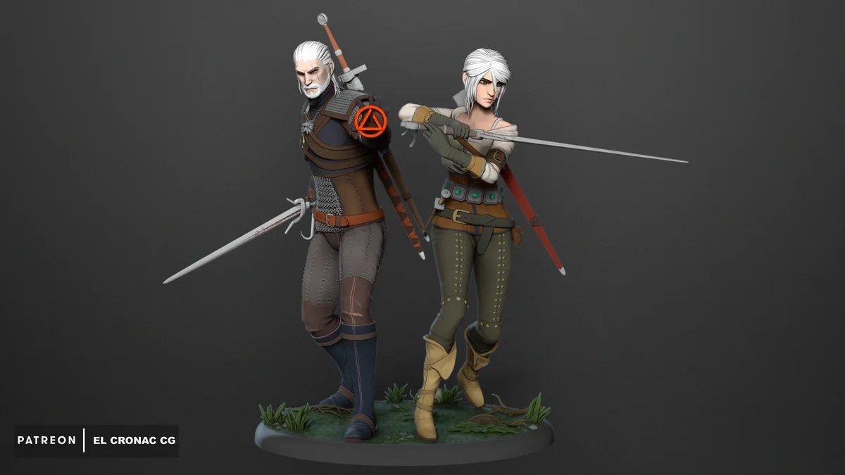 Ciri & Geralt | Fan Art | 3D Printed Resin Model Garage Kit | *Un-Painted* | Inaki Sculpts 3
