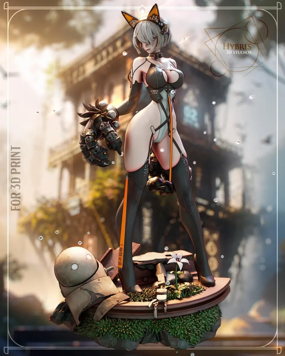 2B Mecha Cat | Fan Art | 3D Printed Resin Model Garage Kit | *Un-Painted* | Hybris Studios 4