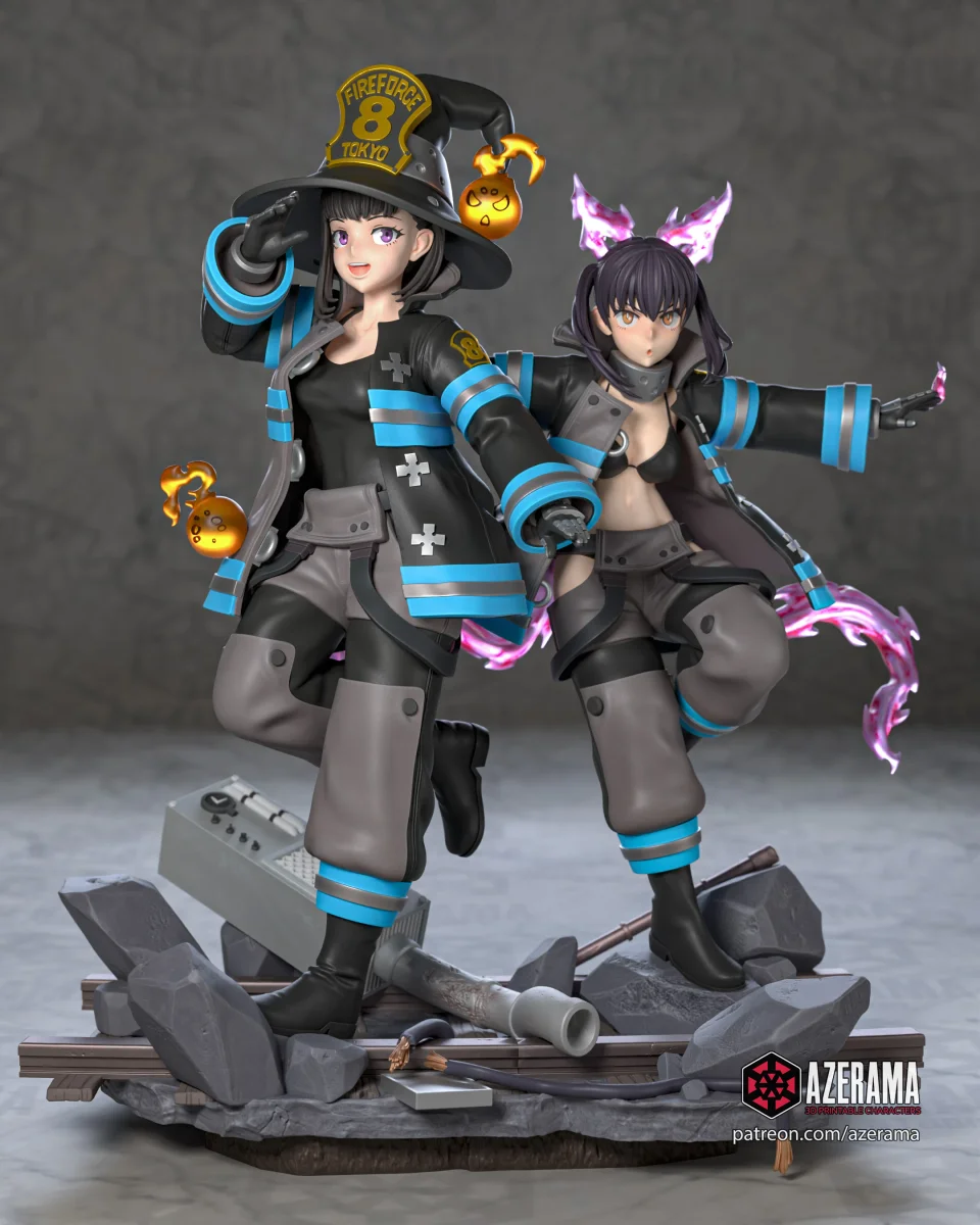 Maki + Tamaki - Fire Force | Fan Art | 3D Printed Resin Model Garage Kit | *Un-Painted* | Azerama 2
